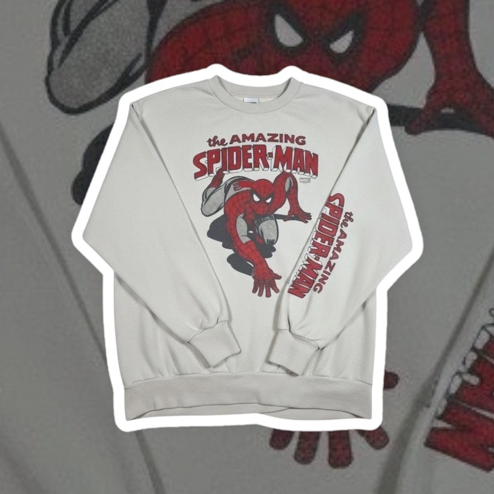 Marvel‎ The Amazing Spider-Man Graphic Crewneck Sweatshirt XL Cream Retro Sleeve